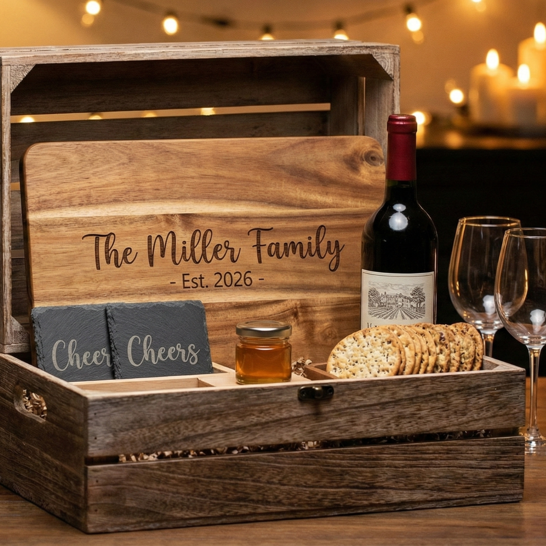 Date night crate made from wood with personalized engraving