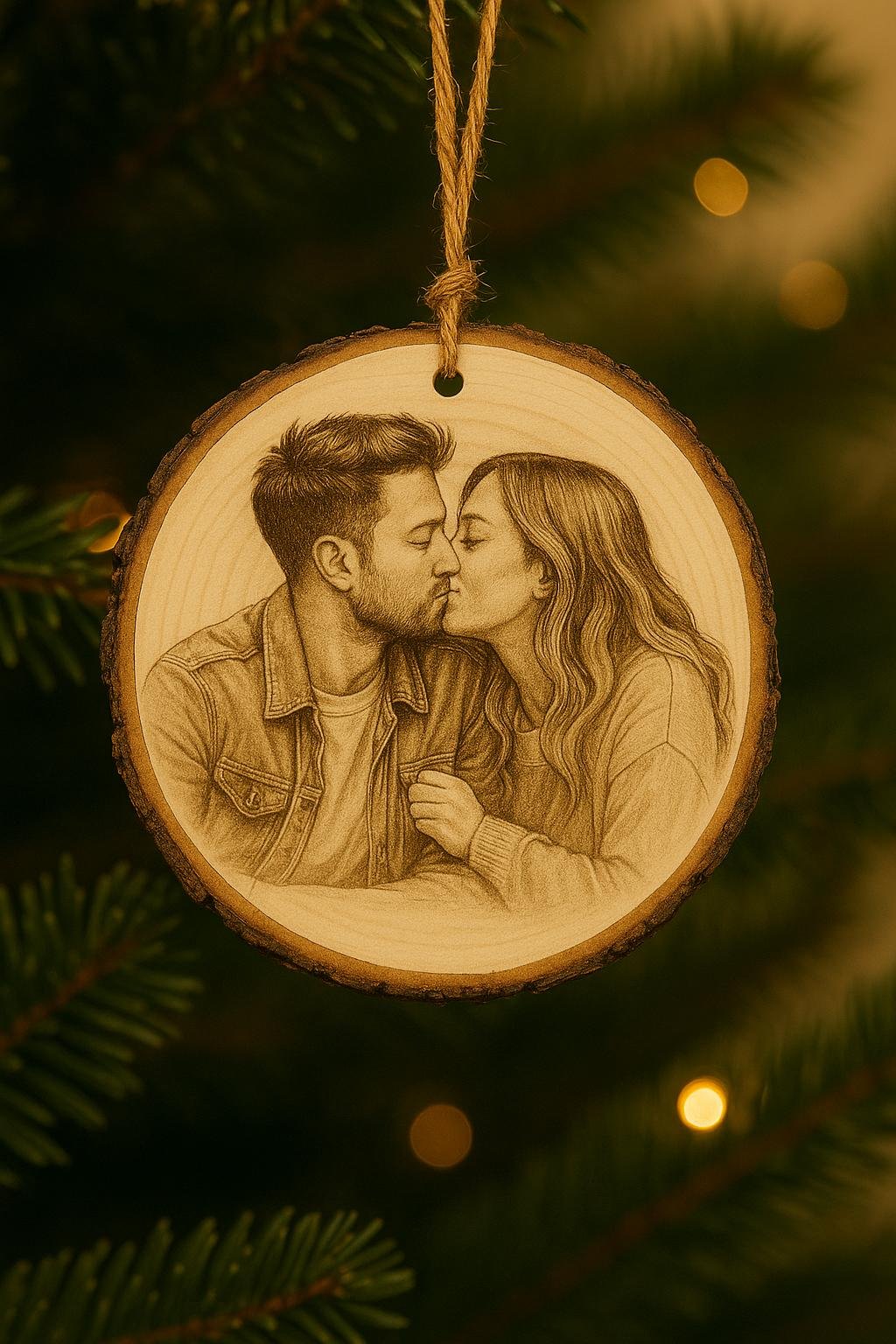 Couple portrait engraved on wood